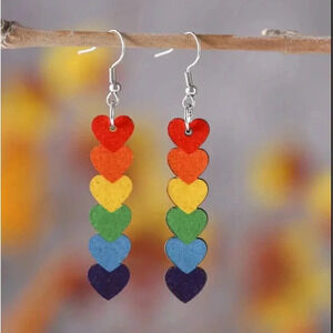 Wood Wooden Stacked Rainbow Hears Drop Earrings NEW